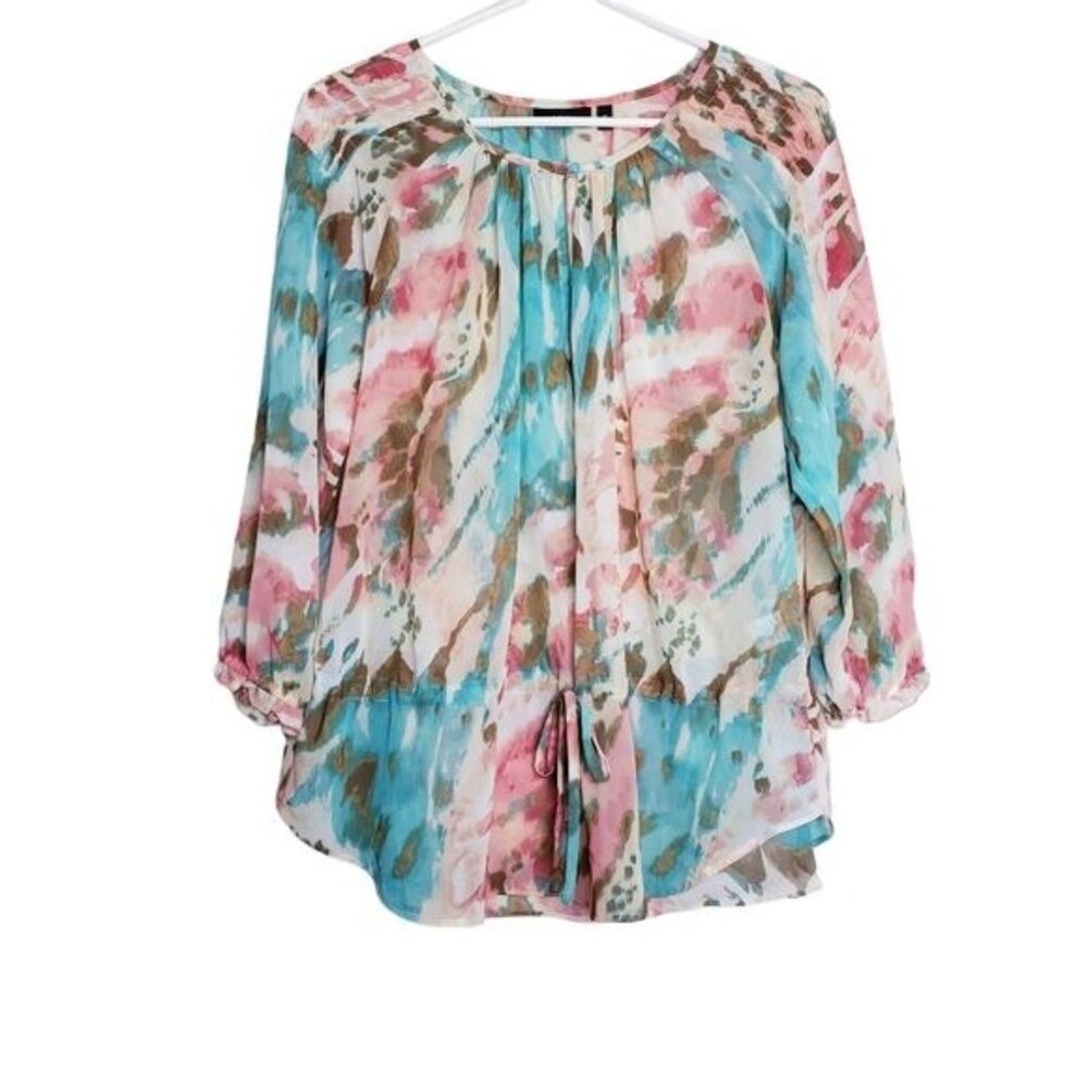 Apt. 9 Pink & Blue Multicolor Semi Sheer Tunic Blouse Top Womens Size Medium